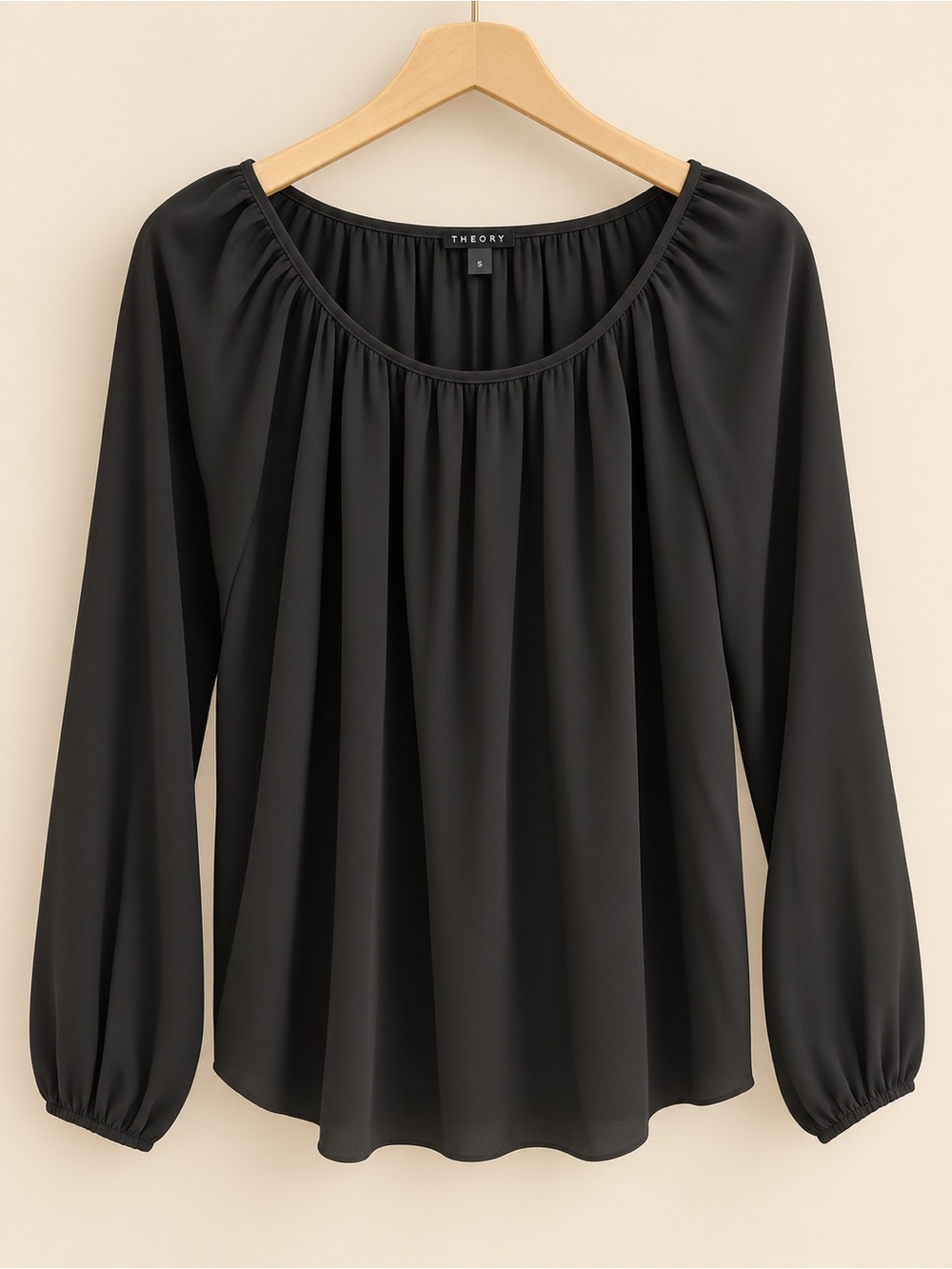 THEORY Long-Sleeve Gathered Scoop Neck Blouse, Silk ✨